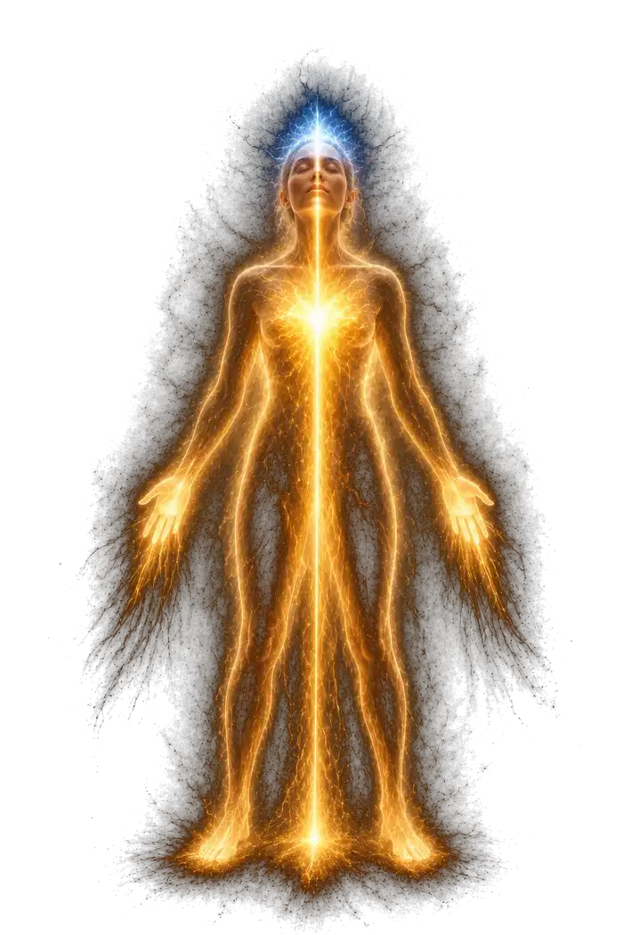 A human figure of light showing all five layers unified